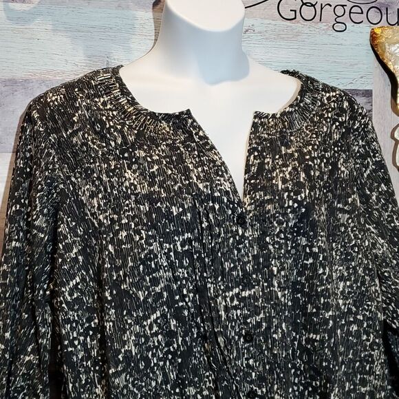 Basic Editions Black White Splatter Print Beaded Neckline Blouse Sz 3X Plus Size - Picture 1 of 8